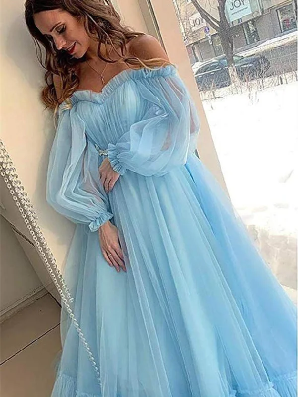 spaghetti strap prom dressesOff Shoulder Bubble Sleeved Prom Dresse, Lovely Prom Dresses, 2021 Prom Dresses, Popular Prom Dresses