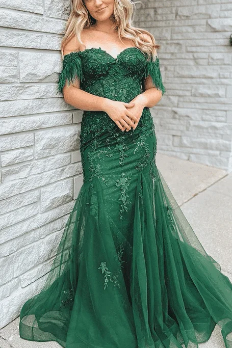 prom dress style guidesOff-Shoulder Green Lace Appliques Mermaid Long Prom Formal Dress with Feathers