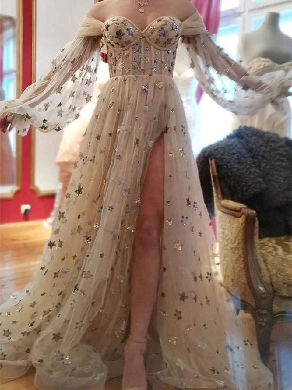 flowy prom dressesOff Shoulder Long Sleeves Star Gown, Side Slit Prom Dresses, Corset Popular Star Prom Dresses, 2023 Prom Dresses