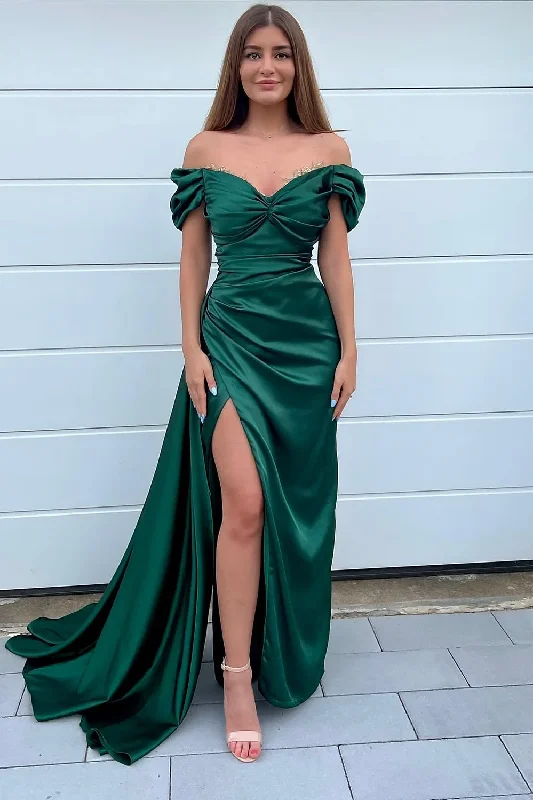 beaded prom dressesOff-Shoulder Pleated Side Slit Satin Long Prom Formal Gown