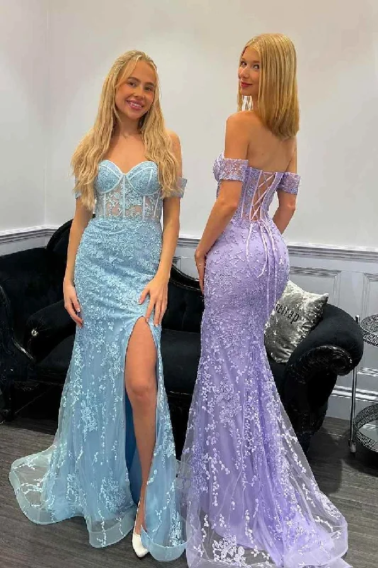 prom dresses with floral embroideryOff-Shoulder Sweetheart Lace Appliques Mermaid Prom Dress with Slit