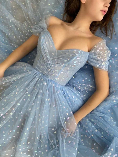 petite prom dressesOff Shoulder Tea Length A-line Prom Dresses, Blue Tiny Heart Long Princess Dresses, 2022 Prom Dresses, Newest Affordable Prom Dresses