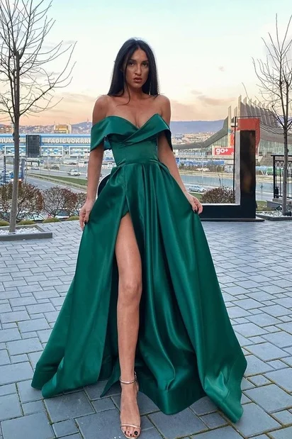 prom dresses with lace appliquésOff-Shoulder V-Neck Empire-Waist Satin High Slit Pleated Long Prom Dress