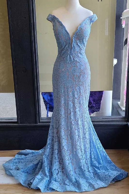 sequined prom dressesOff the Shoulder Light Blue Lace Long Prom Dress