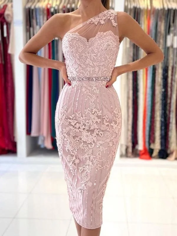 sweetheart neckline prom dressesOne Shoulder Blush Pink Lace Tulle Prom Dresses, Beaded Prom Dresses, 2023 Prom Dresses, Short Prom Dresses, Mermaid Prom Dresses