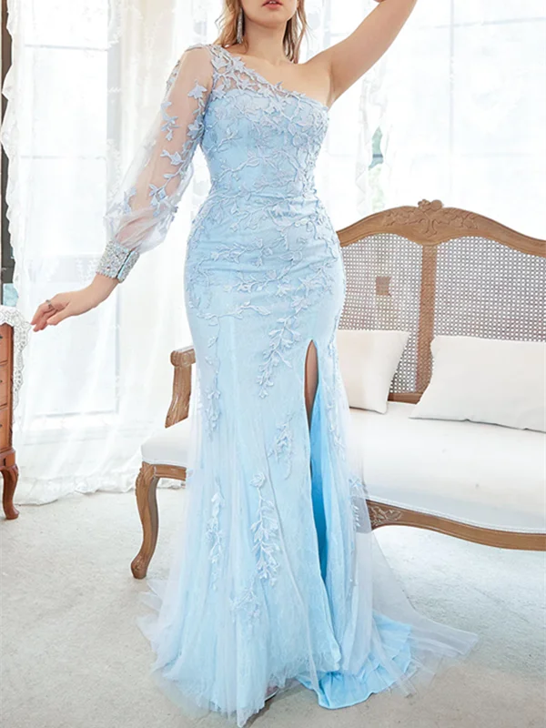 prom dresses with beaded accentsOne Shoulder Mermaid Long Prom Dresses, Elegant Sky Blue Lace 2023 Newest Prom Dresses