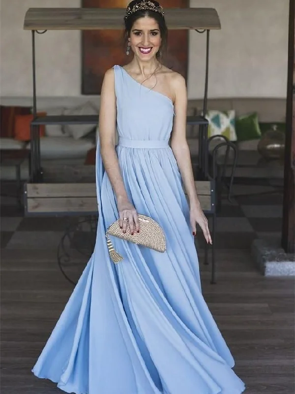 prom dresses for tall girlsOne Shoulder Pale Blue Chiffon Prom Dresses, A-line Prom Dresses, Simple Prom Dresses, Popular Prom Dresses