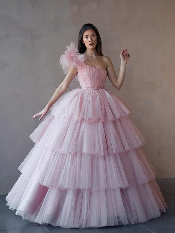 sweetheart neckline prom dressesOne Shoulder Pink Layers Tulle Prom Dresses, Ball Gown Prom Dresses, 2021 Prom Dresses, Popular Prom Dresses