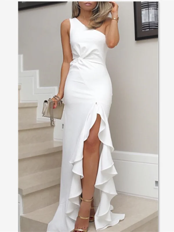 prom dresses for pear shapesOne Shoulder Sheath Ivory Jersey Prom Dresses, Side Slit Prom Dresses, Prom Dresses