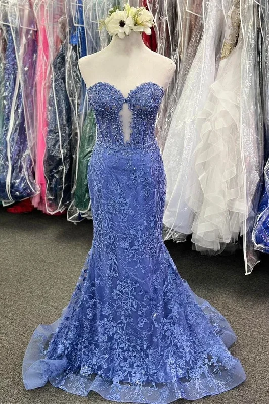 prom dresses for fallPeriwinkle Appliques Sweetheart Keyhole Trumpet Long Prom Dress