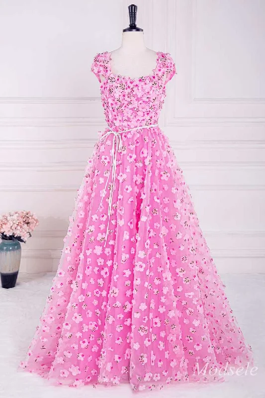 glamorous prom dressesPink 3D Floral Lace Cap Sleeve A-Line Long Prom Dress with Slit