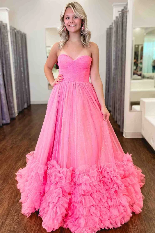 mini prom dressesPink A-Line Empire-Waist Strapless Sleeveless Long Prom Dress