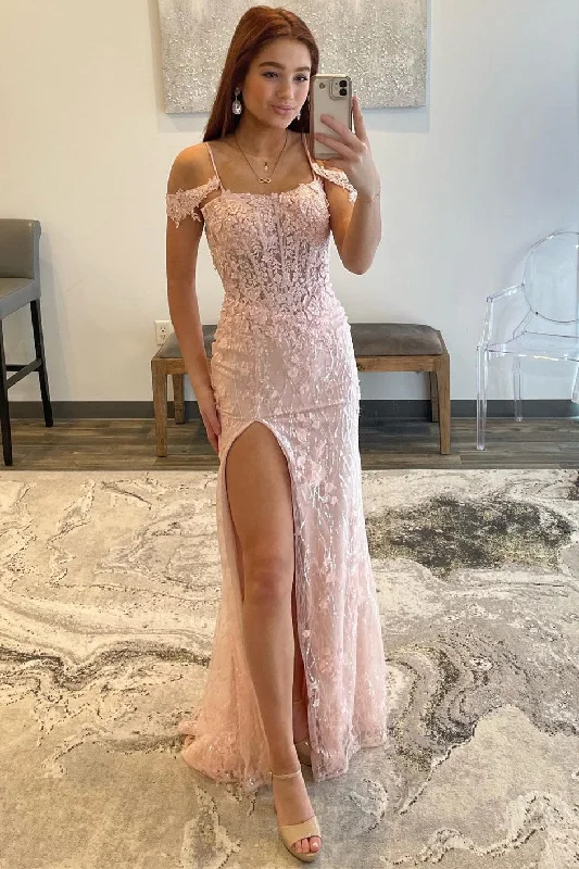 classic prom dressesPink Floral Lace Cold-Shoulder Mermaid Long Prom Dress with Slit