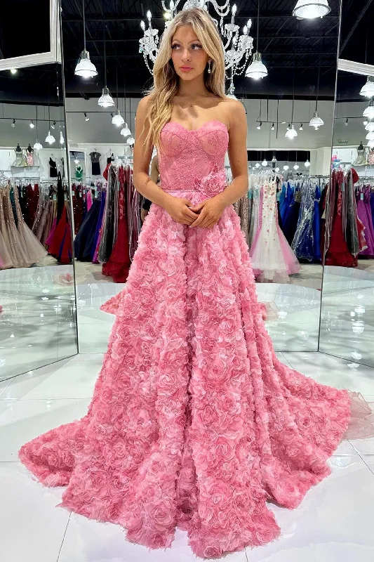 silk prom dressesPink Floral Petal Appliques Sweetheart A-Line Long Prom Dress