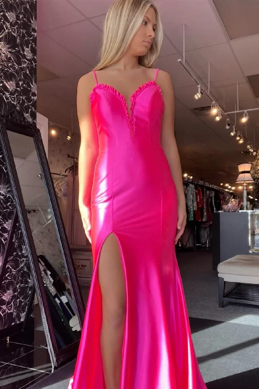 ready-to-wear prom dressesPink Lace-Up Back Ruffle Mermaid Long Prom Dress with Slit