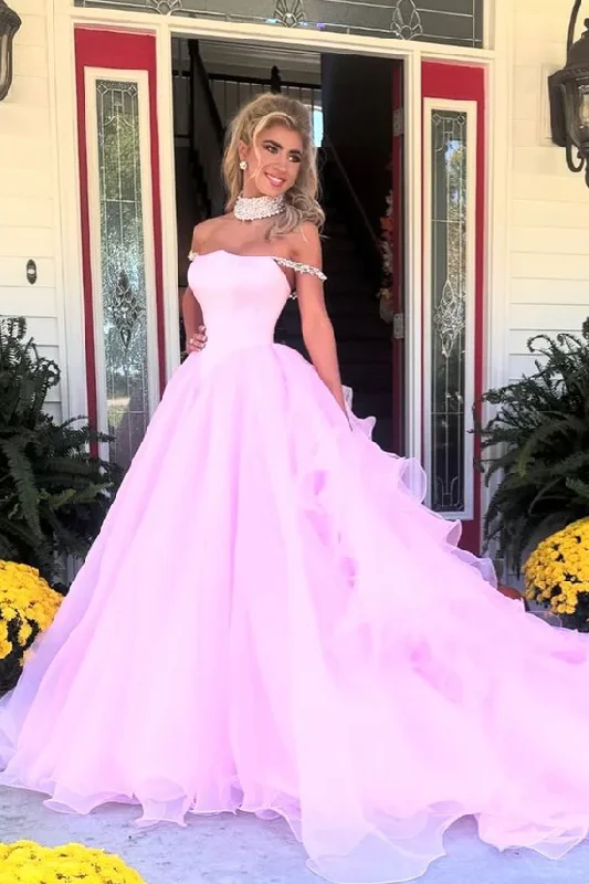 affordable prom dressesPink Off-Shoulder Ruched Beads Ball Gown Princess Prom Formal Dress