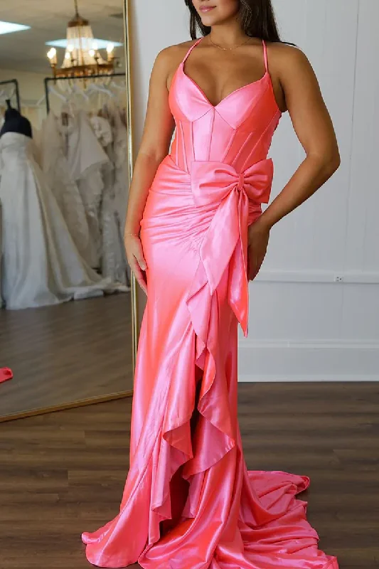 halter prom dressesPink Spaghetti Straps V-Neck Satin Bow Long Prom Dress with Slit