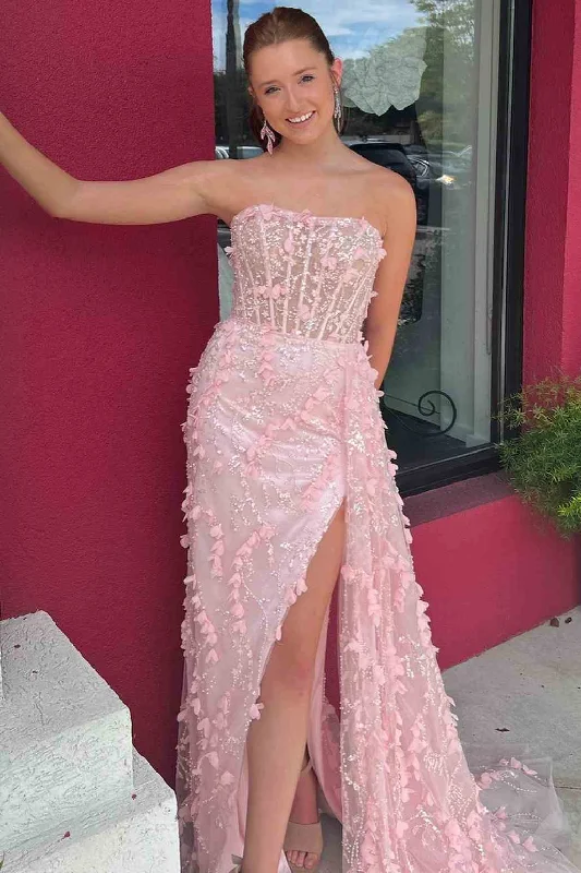 long prom dressesPink Strapless 3D Floral High Slit Mermaid Princess Long Prom Dress