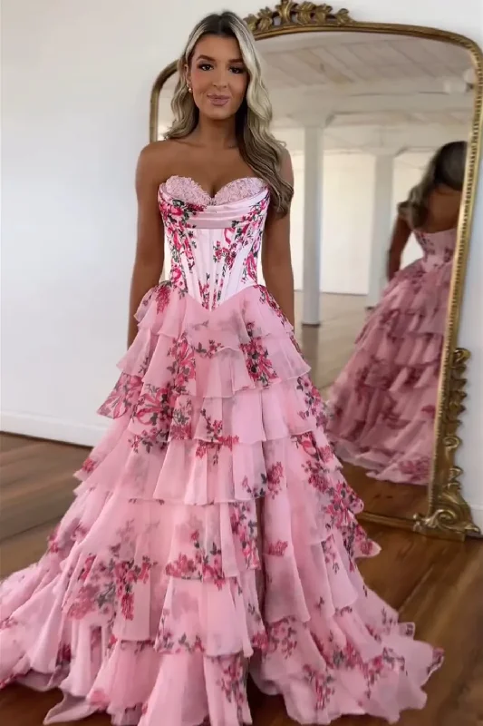 prom dresses for apple shapesPink Strapless A-Line Printing Tiered Chiffon Floral Long Prom Dress