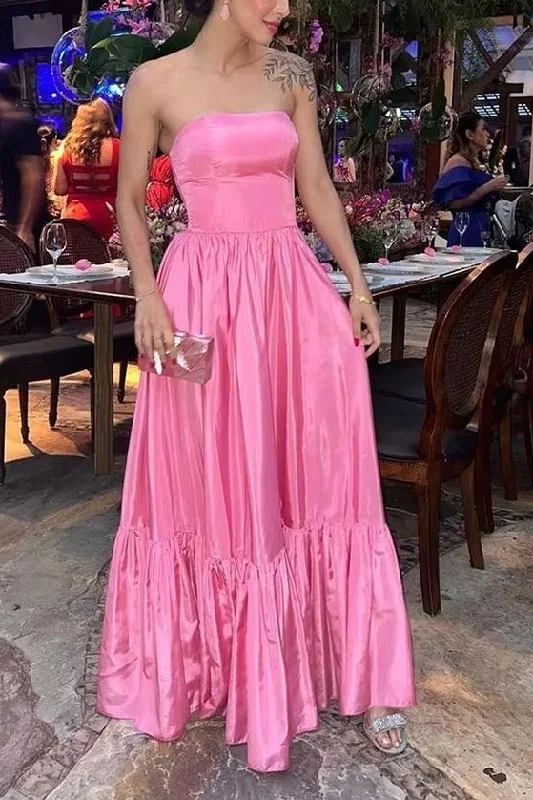 pastel prom dressesPink Strapless Scoop A-Line Satin Pleated Sleeveless Long Formal Prom Dress