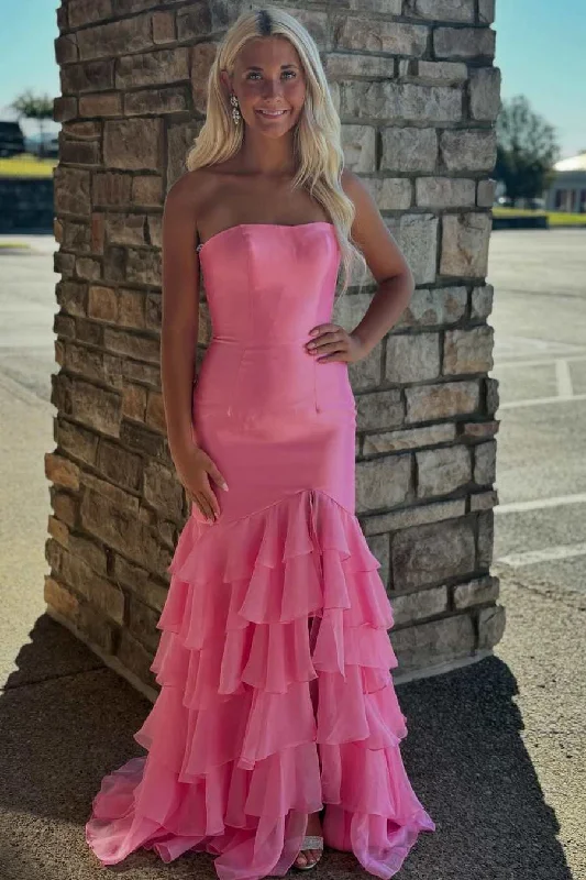 sweetheart neckline prom dressesPink Strapless Scoop Tiered Sleeveless Long Prom Formal Dress with Slit