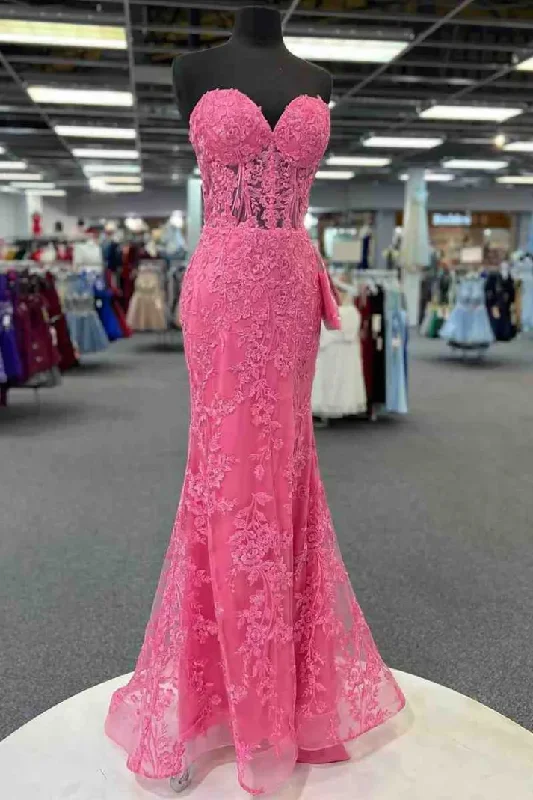 prom dresses for tall girlsPink Sweetheart Strapless Lace Appliques Mermaid Prom Dress