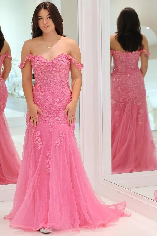 cap sleeve prom dressesPink Tulle Appliques Off-the-Shoulder Trumpet Long Prom Dress