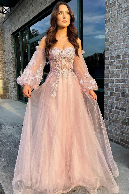 vintage prom dressesPink Tulle Strapless A-Line Prom Dress with Balloon Sleeves