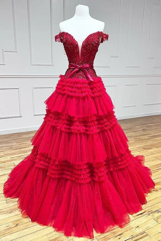 prom dresses with illusion panelsPrincess Tulle Off-the-Shoulder Tiered A-Line Prom Gown