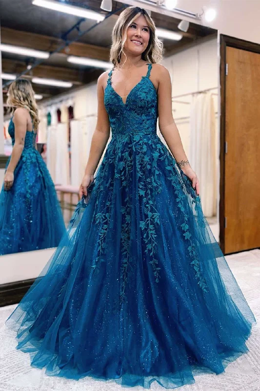 off-shoulder prom dressesPrussian Blue Applique V-Neck Lace-Up A-Line Prom Dress