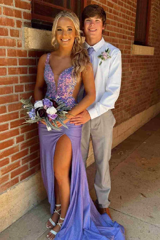 prom dress cleaningPurple Double Straps V-Neck Sleeveless Appliques Prom Dress with Slit