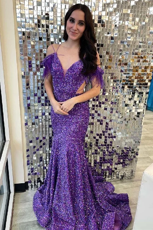 prom dresses with floral embroideryPurple Sequin V-Neck Lace-Up Mermaid Long Prom Dress