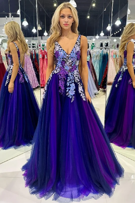 prom dresses with lace appliquésPurple Tulle Appliques V-Neck Open Back Long Prom Dress