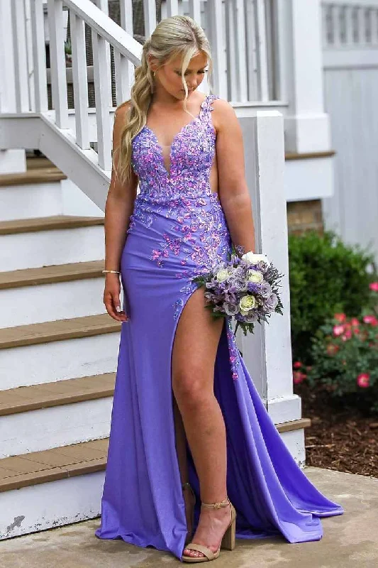 prom dress try-on ideasPurple V-Neck Appliques High Slit Mermaid Prom Dress Long