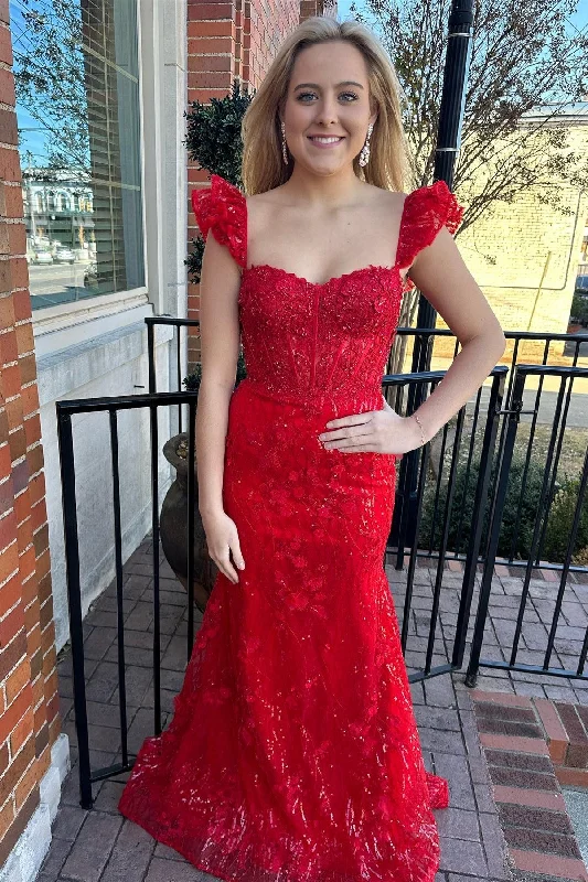 high-low prom dressesRed Appliques Sweetheart Flutter Sleeve Mermaid Long Prom Dress