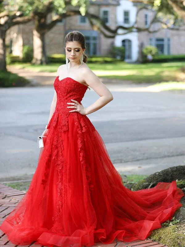 dark prom dressesRed Color Lace Newest Prom Dresses, Floral Elegant Tulle Prom Dresses, Popular Long Prom Dresses