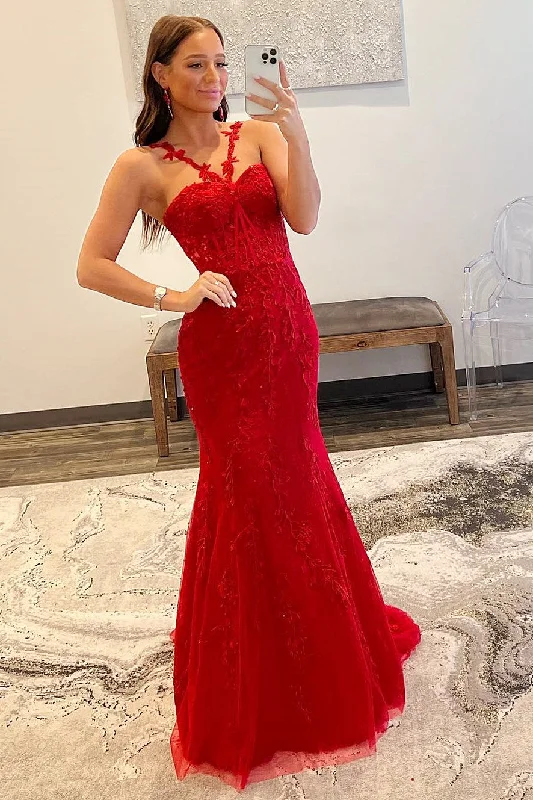 lace-up prom dressesRed Halter Flower Straps Appliques Mermaid Long Prom Dress