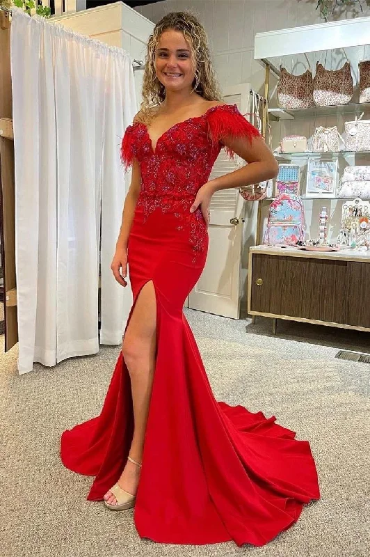 prom dresses for short girlsRed Lace Feather Off-the-Shoulder Mermaid Long Prom Dress