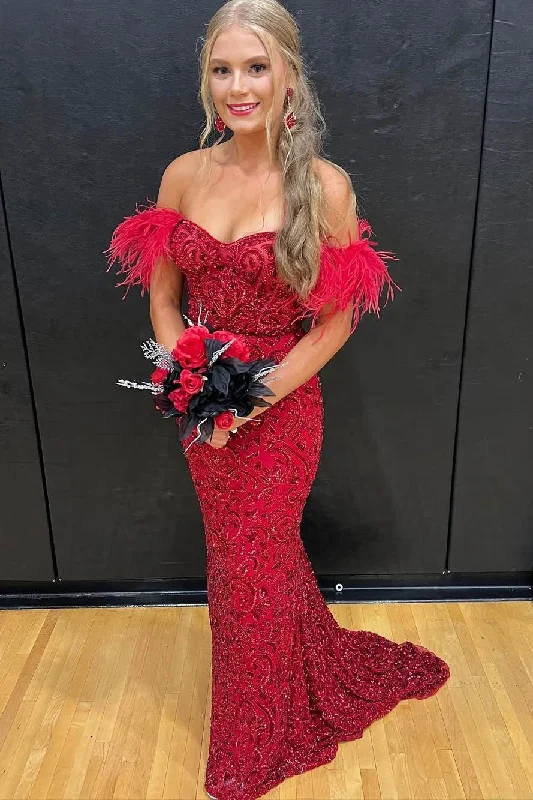 mermaid prom dressesRed Off-Shoulder Mermaid Sequins Appliques Long Prom Dress with Feathers