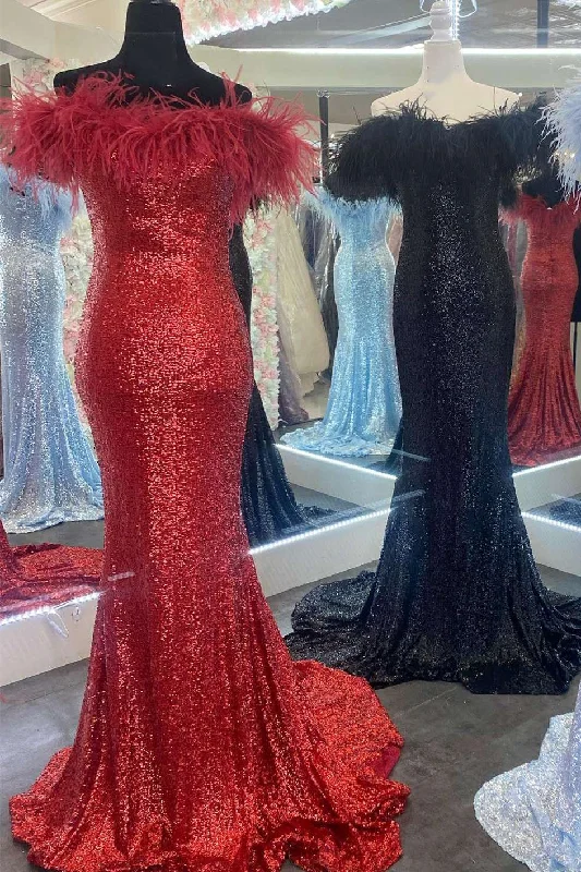 chiffon prom dressesRed Sequin Off-the-Shoulder Feathers Mermaid Long Prom Gown