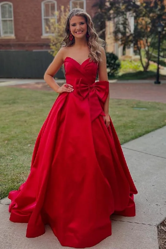 prom dresses with illusion panelsRed Strapless A-Line Empire-Waist Satin Pleated Formal Prom Dress with Bow