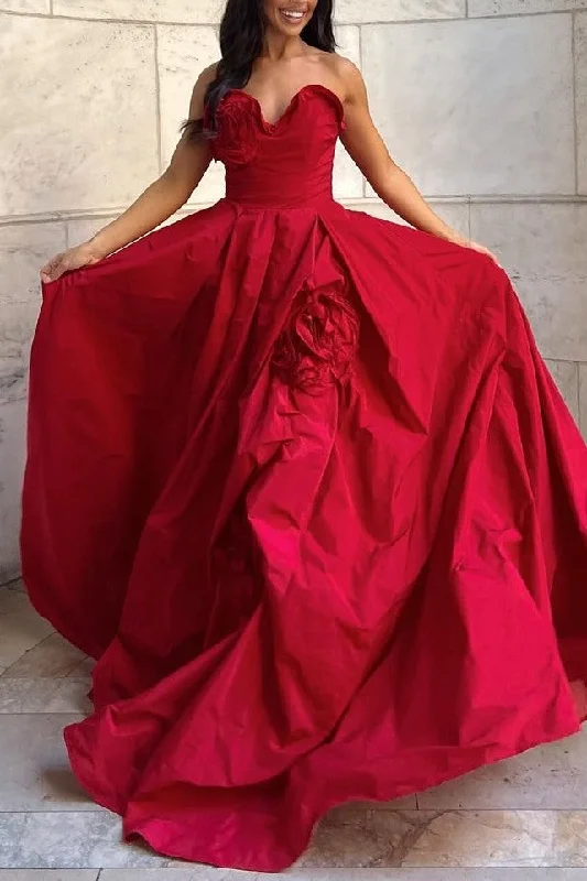 flowy prom dressesRed Strapless A-Line Empire-Waist Sleeveless Satin Formal Prom Dress