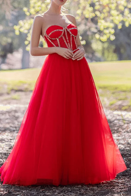 mini prom dressesRed Strapless Beads Empire-Waist Sleeveless Tulle Long Prom Formal Dress