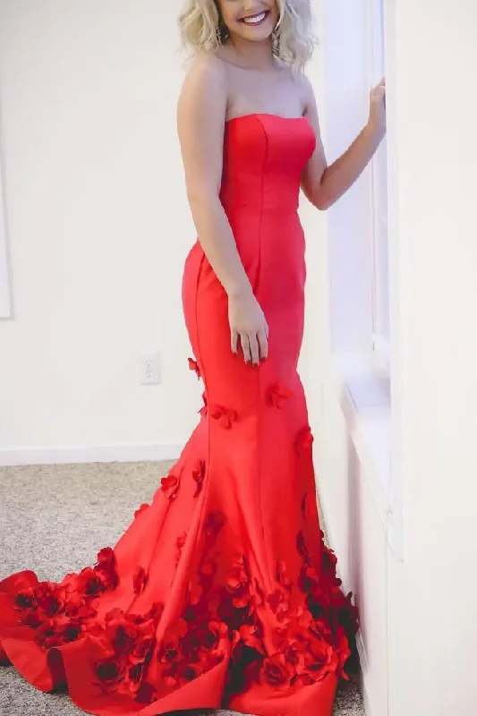 open-back prom dressesRed Strapless Scoop Mermaid Satin Appliques Sleeveless Long Prom Dress