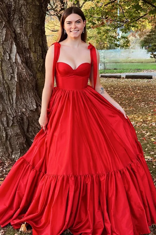 mini prom dressesRed Sweetheart Bow Strap A-Line Long Prom Dress