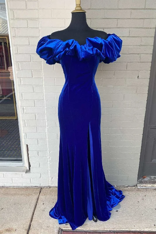 prom dresses with detachable sleevesRoyal Blue Off-the-Shoulder Ruffled Mermaid Long Prom Dress