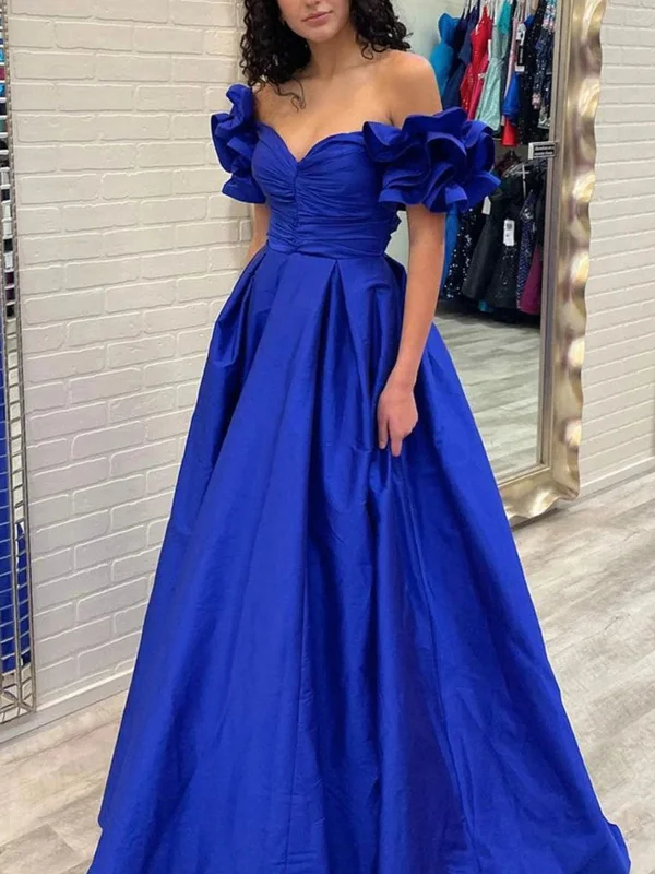 prom dresses with floral embroideryRoyal Blue Satin A-line Prom Dresses, Ruffled Sleeves Prom Dresses, Popular 2022 Prom Dresses