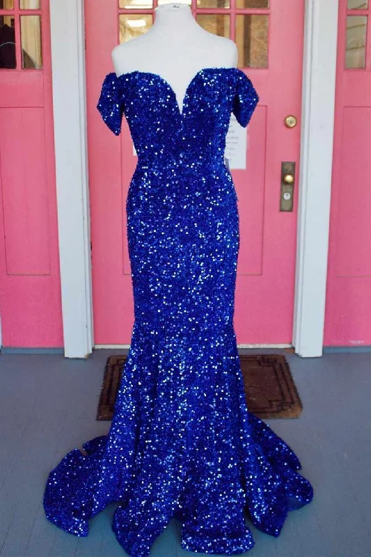 off-shoulder prom dressesRoyal Blue Sequin Off-the-Shoulder Backless Prom Dress