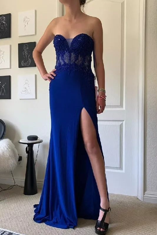 illusion sleeve prom dressesRoyal Blue Strapless Sweetheart Appliques Prom Dress with Slit