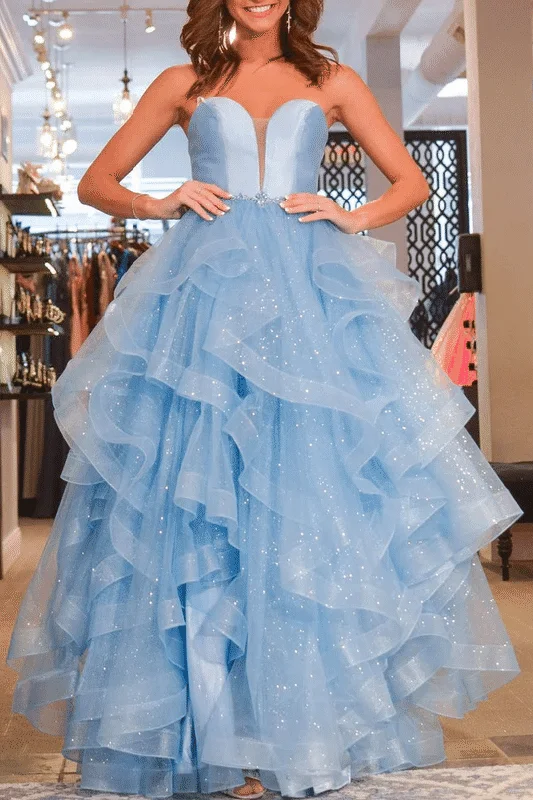 thigh-high slit prom dressesRuffles Strapless Blue V-Neck Tiered Tulle A-Line Long Prom Dress